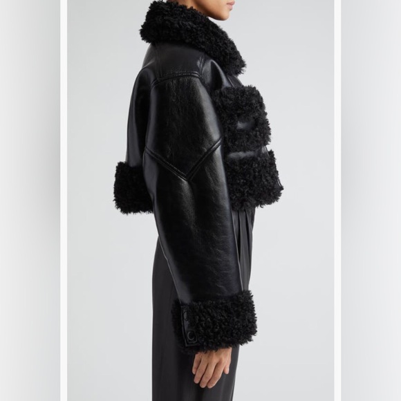 NWT $575 Stand Studio Fleur Faux Shearling Trim Crop Faux Leather Jacket - 2 US! - Picture 3 of 6
